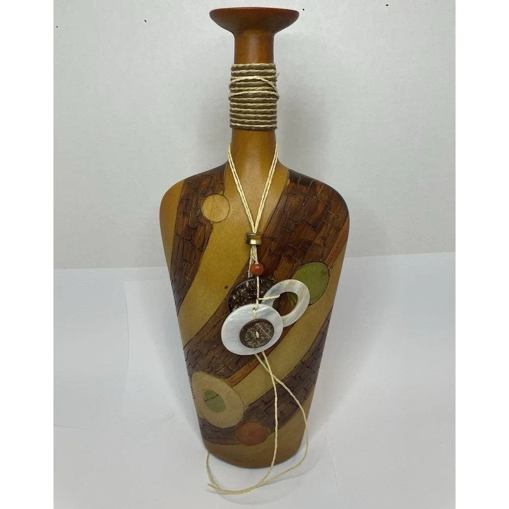 Vtg. MCM Large Polystone Vase Bottle Faux Wood Beaded Cabin Rustic Decor Rare